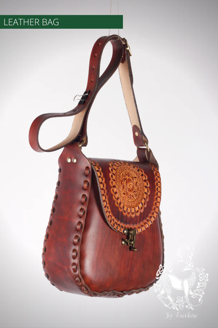 HANDCARVED LEATHER BAG WITH CELTIC CIRCLE DESIGN - Image 4