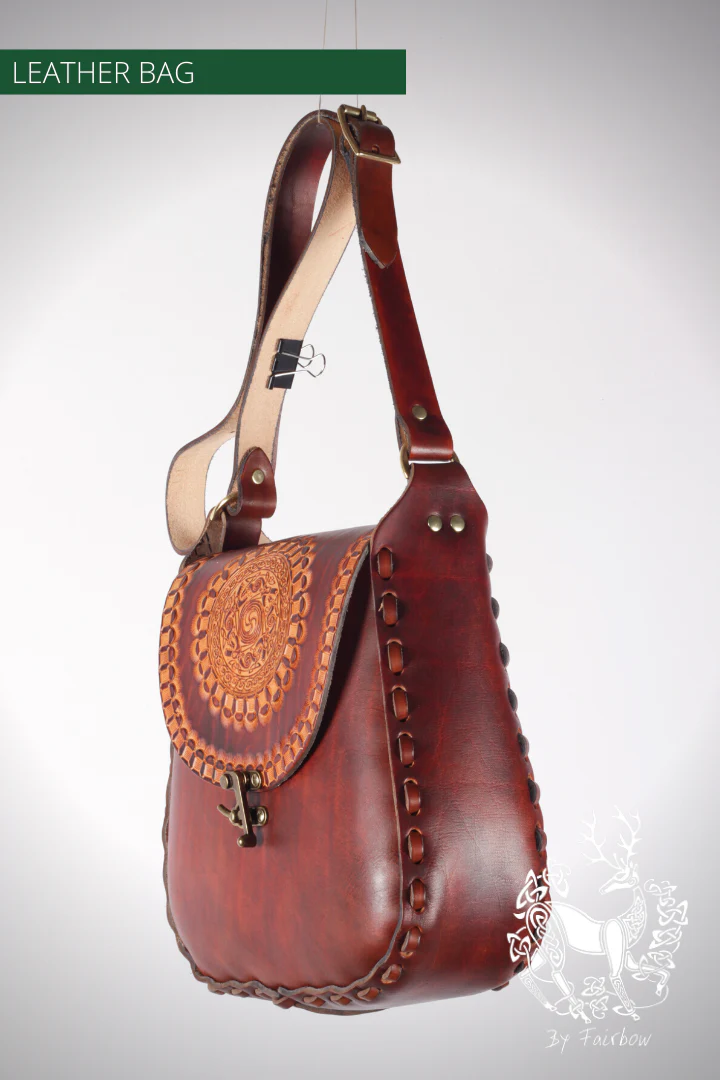 HANDCARVED LEATHER BAG WITH CELTIC CIRCLE DESIGN - Image 6